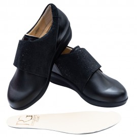 RG Comfort Shoes | Női kényelmi bőr félcipő | Vastag tépőzáras | Elasztikus felsőrész | Fekete | RG-VT-F