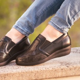 RG Comfort Shoes | Női kényelmi bőr félcipő | Gumibetétes | Elasztikus felsőrész | Fekete | RG-G-F